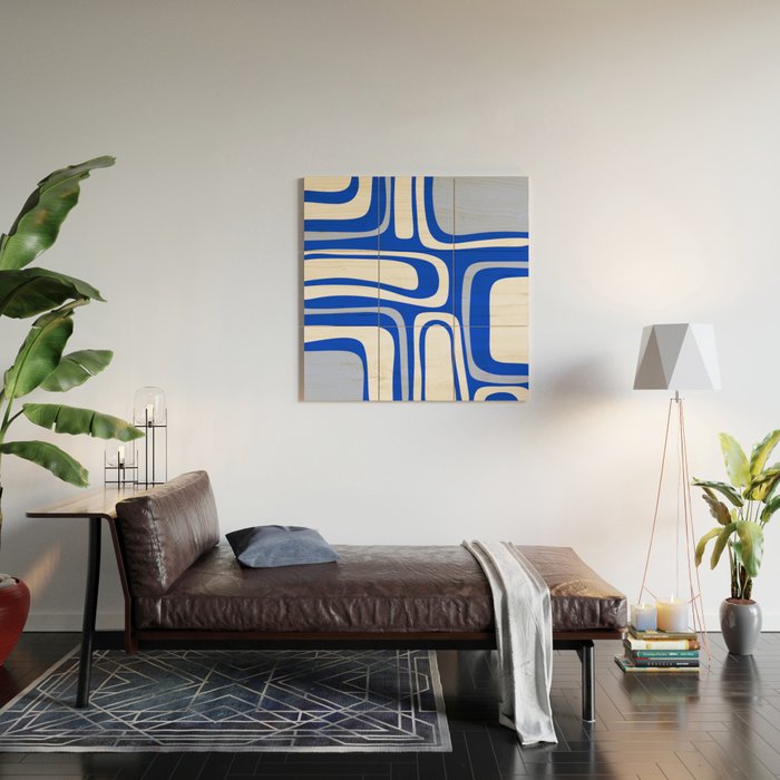 Mid-Century Modern Palm Springs Abstract Pattern Royal Blue Light Blue and White Wood Wall Art Gallery Image 2