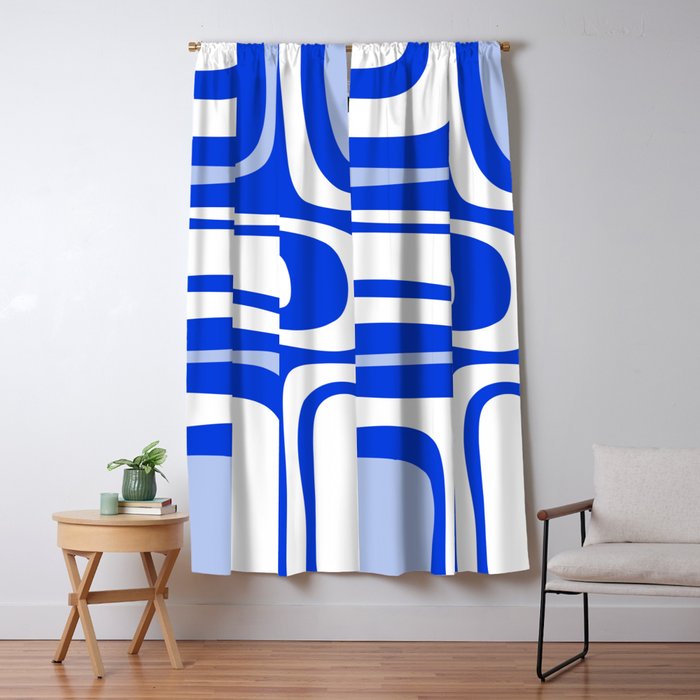 Mid-Century Modern Palm Springs Abstract Pattern Royal Blue Light Blue and White Window Curtain Gallery Image 1