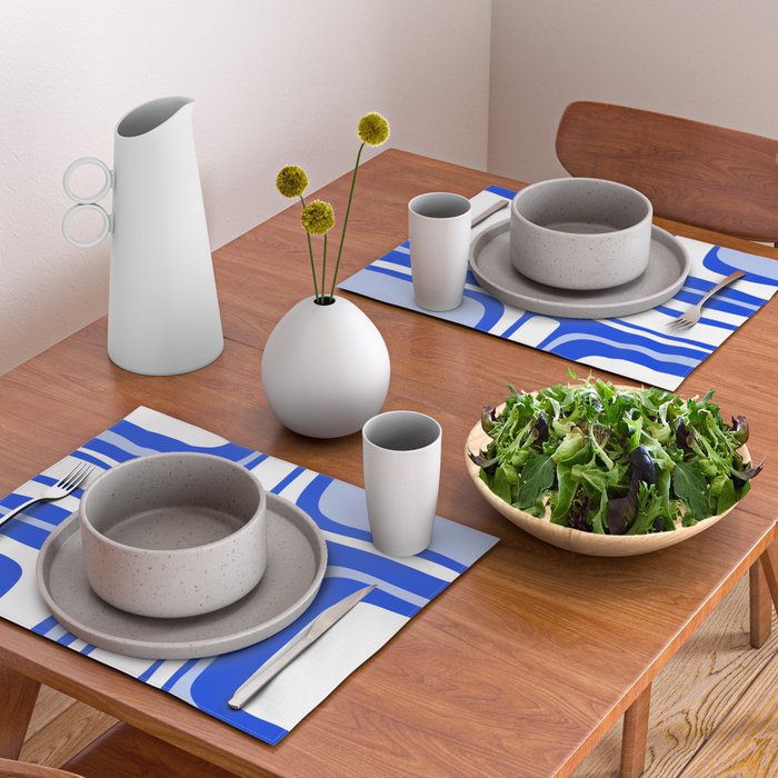 Mid-Century Modern Palm Springs Abstract Pattern Royal Blue Light Blue and White Placemat Gallery Image 2