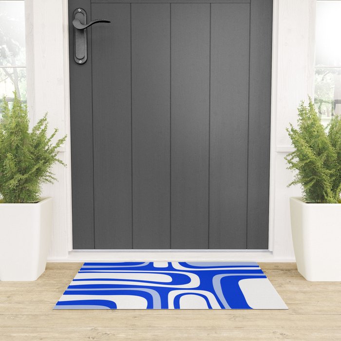 Mid-Century Modern Palm Springs Abstract Pattern Royal Blue Light Blue and White Welcome Mat Gallery Image 3