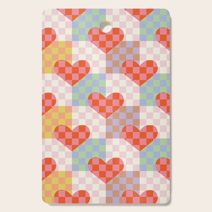 Red love heart checkered patchwork pattern Cutting Board Gallery Image 1