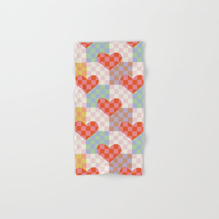 Red love heart checkered patchwork pattern Bath Towel Gallery Image 1