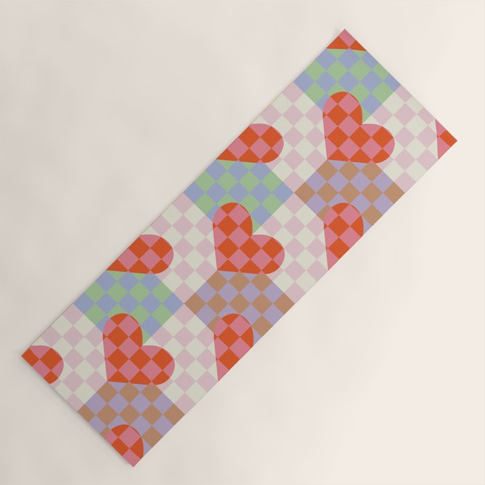 Red love heart checkered patchwork pattern Yoga Mat Gallery Image 1
