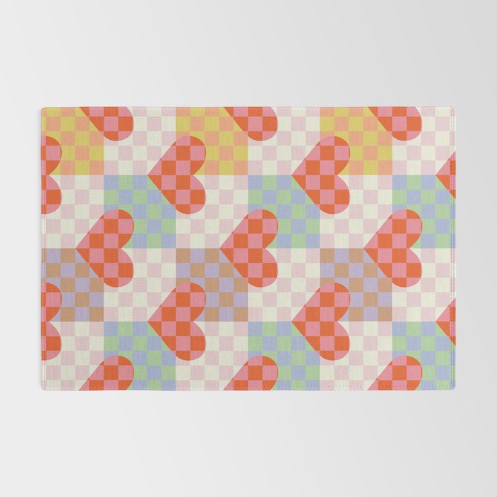 Red love heart checkered patchwork pattern Rug Gallery Image 2