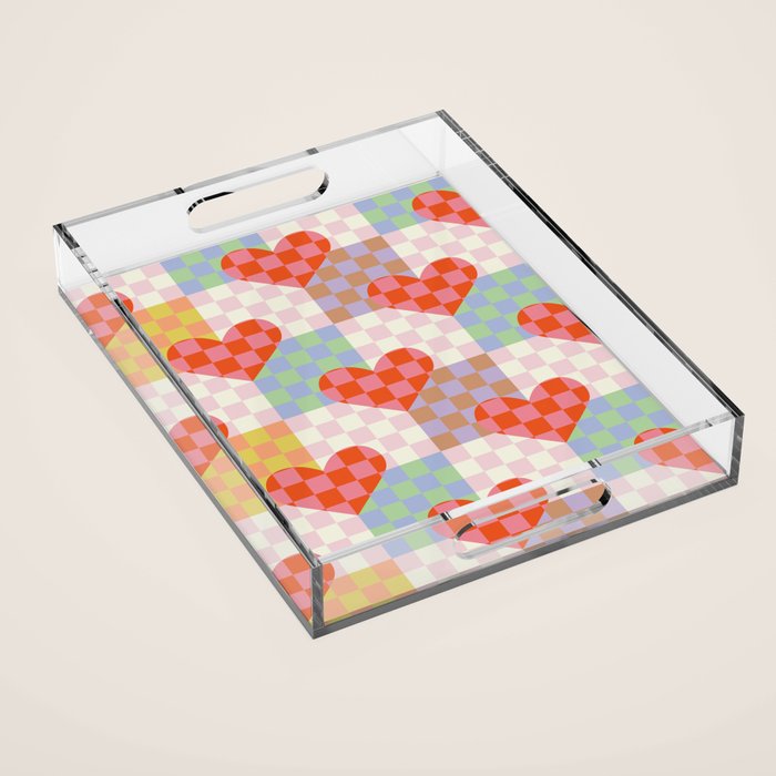 Red love heart checkered patchwork pattern Acrylic Tray Gallery Image 1