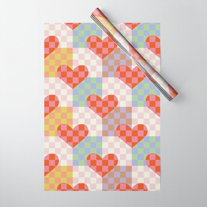 Red love heart checkered patchwork pattern Wrapping Paper Gallery Image 1