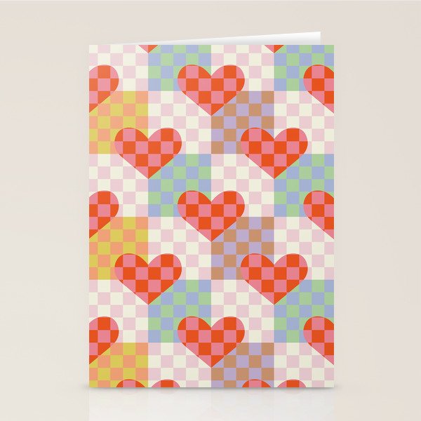 Red love heart checkered patchwork pattern Stationery Card Gallery Image 1