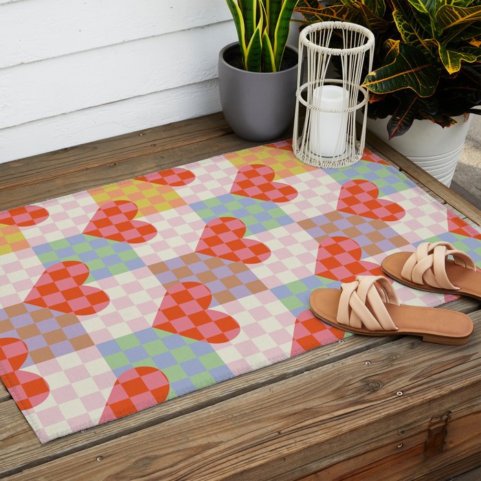Red love heart checkered patchwork pattern Outdoor Rug Gallery Image 2