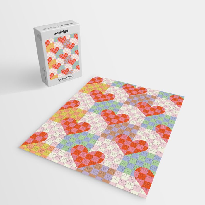 Red love heart checkered patchwork pattern Jigsaw Puzzle Gallery Image 2