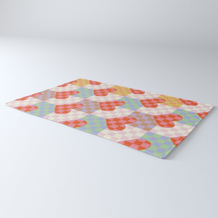 Red love heart checkered patchwork pattern Rug Gallery Image 3