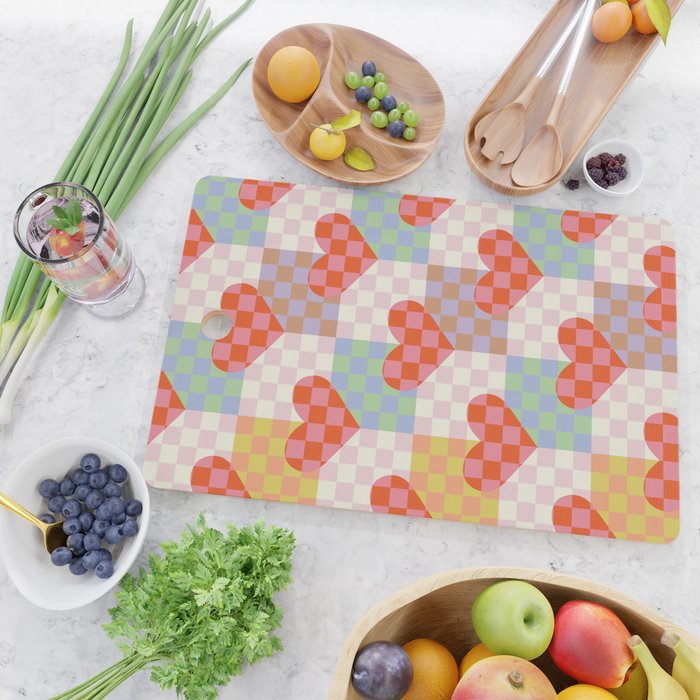 Red love heart checkered patchwork pattern Cutting Board Gallery Image 2