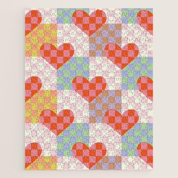 Red love heart checkered patchwork pattern Jigsaw Puzzle Gallery Image 1