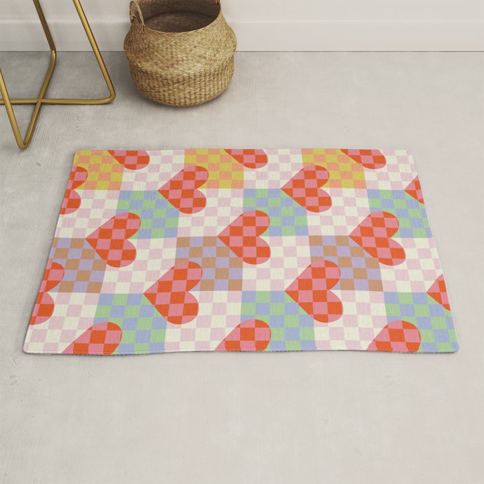 Red love heart checkered patchwork pattern Rug Gallery Image 1