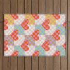 Red love heart checkered patchwork pattern Outdoor Rug Gallery Image 1