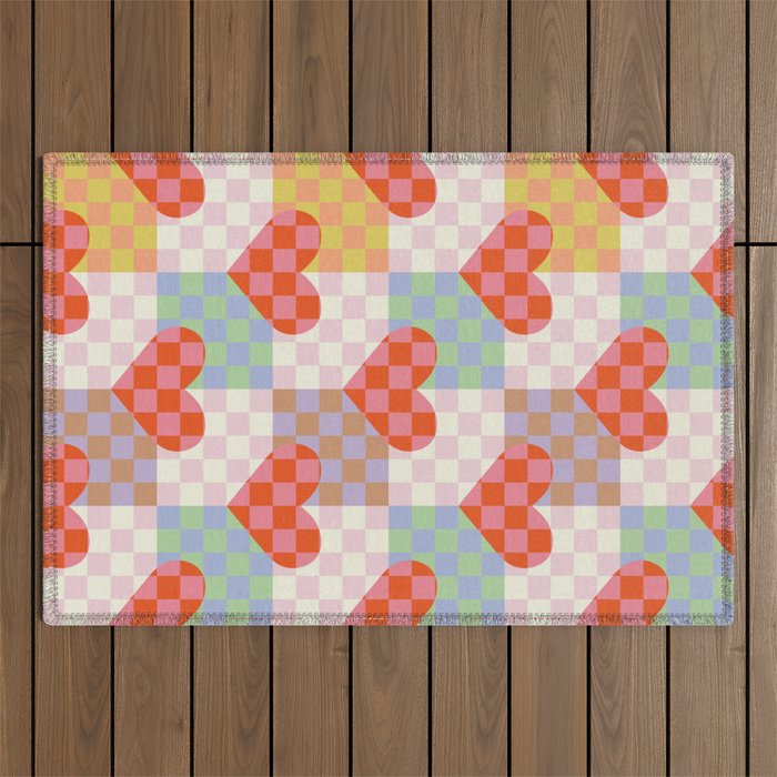 Red love heart checkered patchwork pattern Outdoor Rug Gallery Image 1