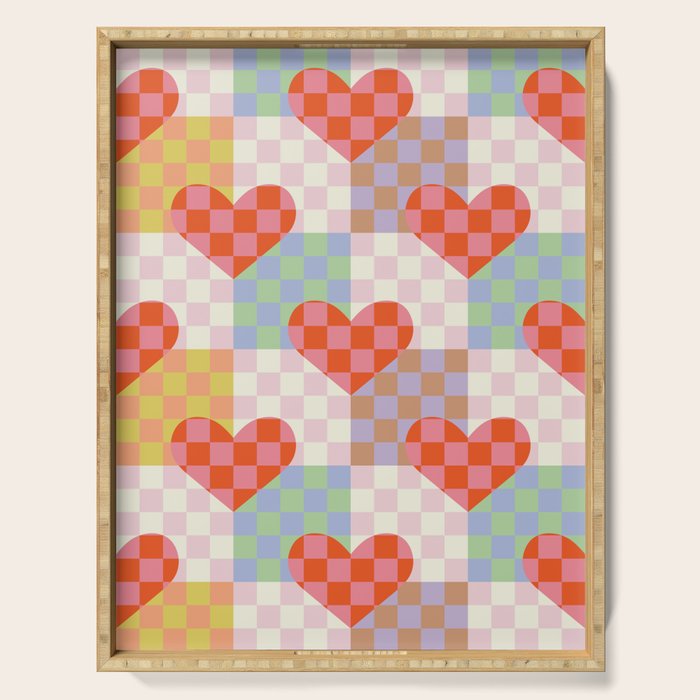 Red love heart checkered patchwork pattern Serving Tray Gallery Image 1