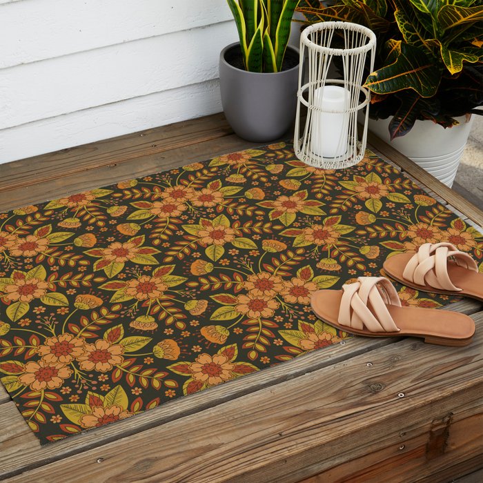 Orange, Peach, Olive Green & Dark Gray Floral Pattern Outdoor Rug Gallery Image 2