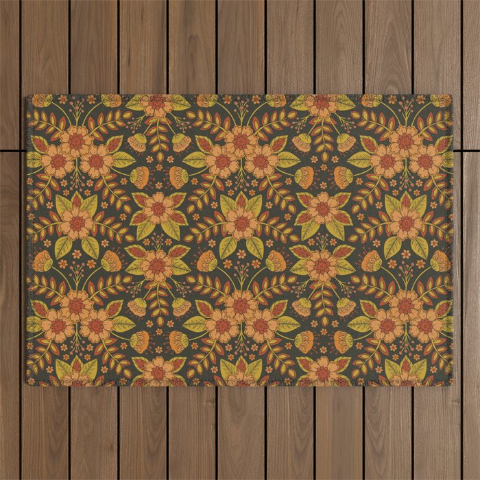 Orange, Peach, Olive Green & Dark Gray Floral Pattern Outdoor Rug Gallery Image 1