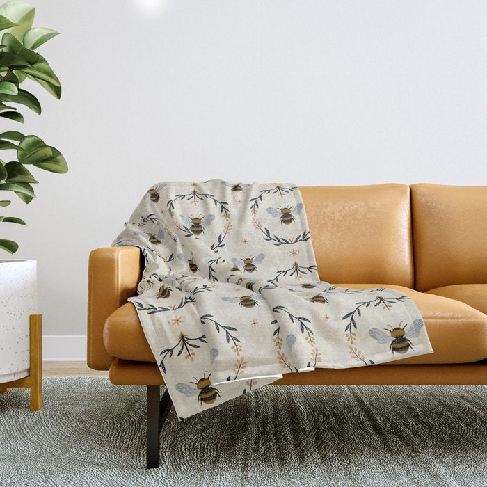 Ode to the Bumblebee (in cream) Throw Blanket Gallery Image 1