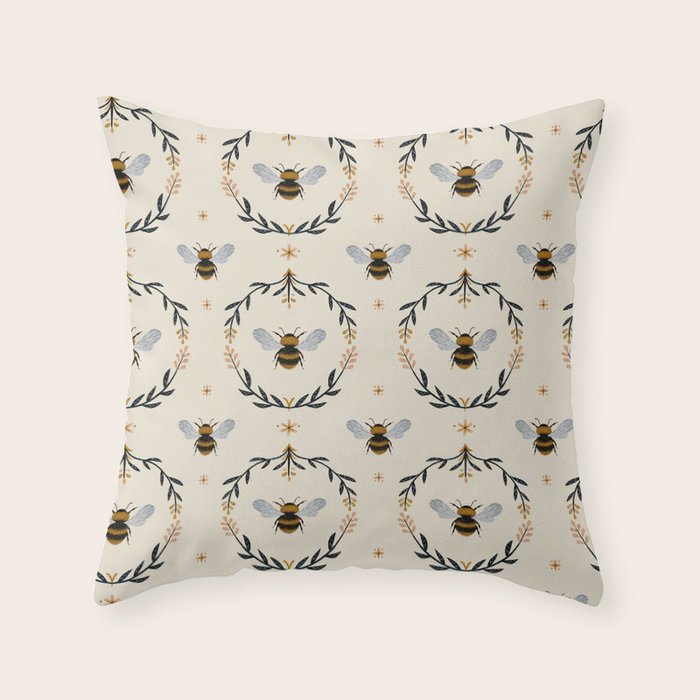 Ode to the Bumblebee (in cream) Throw Pillow Gallery Image 1
