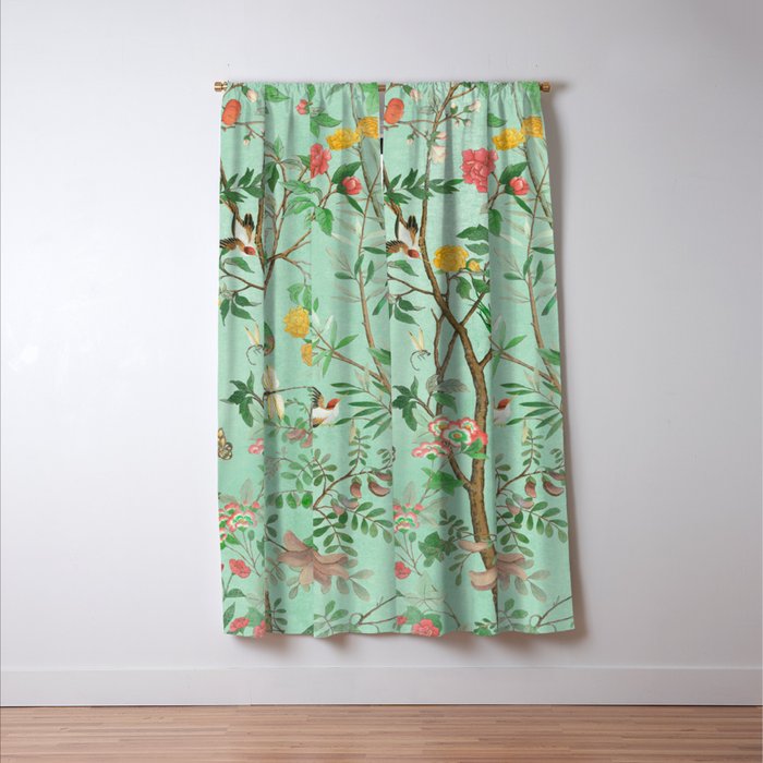 Chinoiserie Aqua Mint Floral Garden Fresco Window Curtain Gallery Image 3