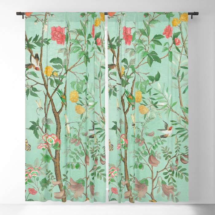Chinoiserie Aqua Mint Floral Garden Fresco Window Curtain Gallery Image 5