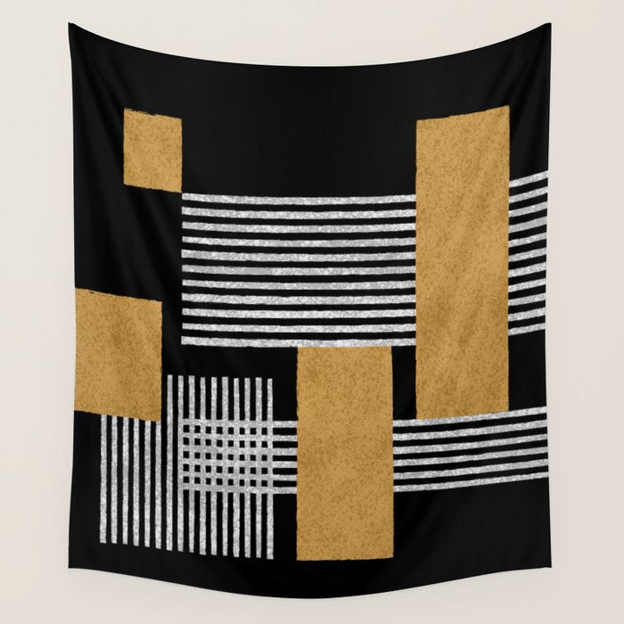 Stripes and Squares on Black Composition - Abstract Wall Tapestry Gallery Image 4