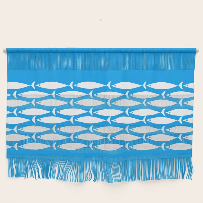 Fish Stripe 8 Blue and White Minimal Mid Century Modern Pattern Wall Hanging Gallery Image 1
