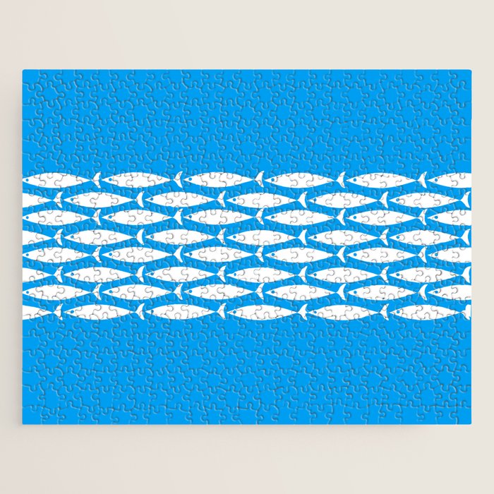 Fish Stripe 8 Blue and White Minimal Mid Century Modern Pattern Jigsaw Puzzle Gallery Image 1