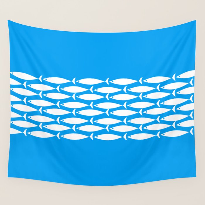 Fish Stripe 8 Blue and White Minimal Mid Century Modern Pattern Wall Tapestry Gallery Image 4