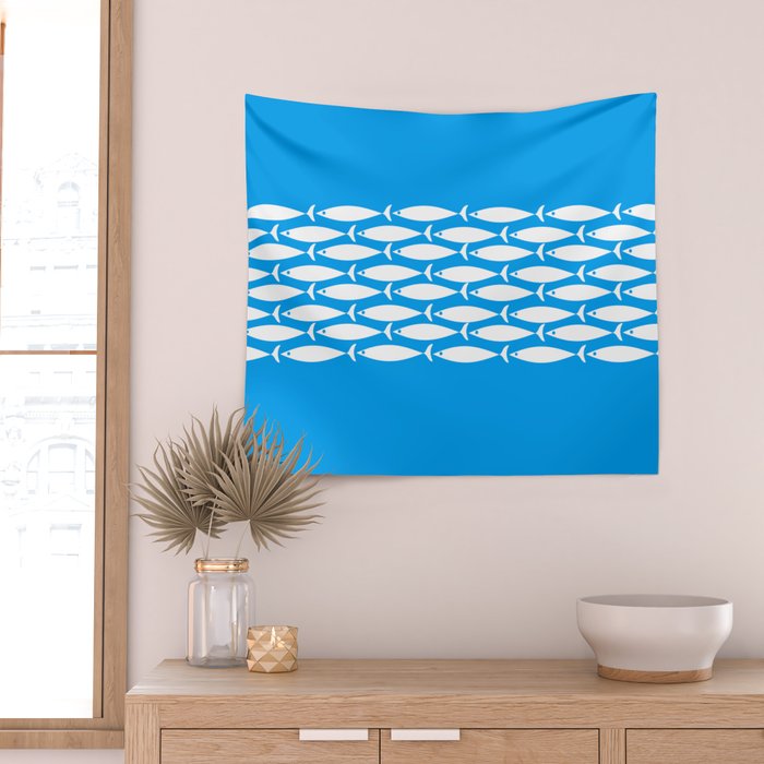 Fish Stripe 8 Blue and White Minimal Mid Century Modern Pattern Wall Tapestry Gallery Image 2