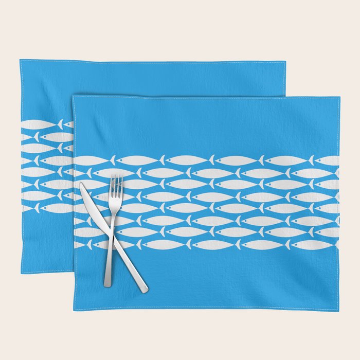 Fish Stripe 8 Blue and White Minimal Mid Century Modern Pattern Placemat Gallery Image 1