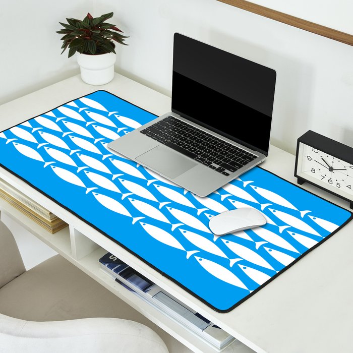 Fish Stripe 8 Blue and White Minimal Mid Century Modern Pattern Desk Mat Gallery Image 2