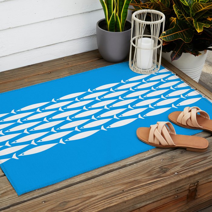 Fish Stripe 8 Blue and White Minimal Mid Century Modern Pattern Outdoor Rug Gallery Image 2
