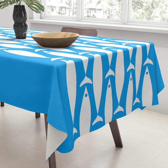 Fish Stripe 8 Blue and White Minimal Mid Century Modern Pattern Tablecloth Gallery Image 3