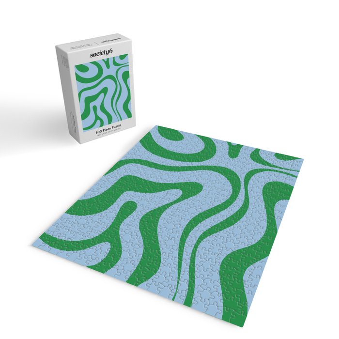 Modern Retro Liquid Swirl Abstract Pattern in Green and Light Blue Jigsaw Puzzle Gallery Image 2
