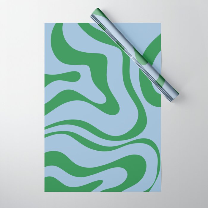 Modern Retro Liquid Swirl Abstract Pattern in Green and Light Blue Wrapping Paper Gallery Image 1