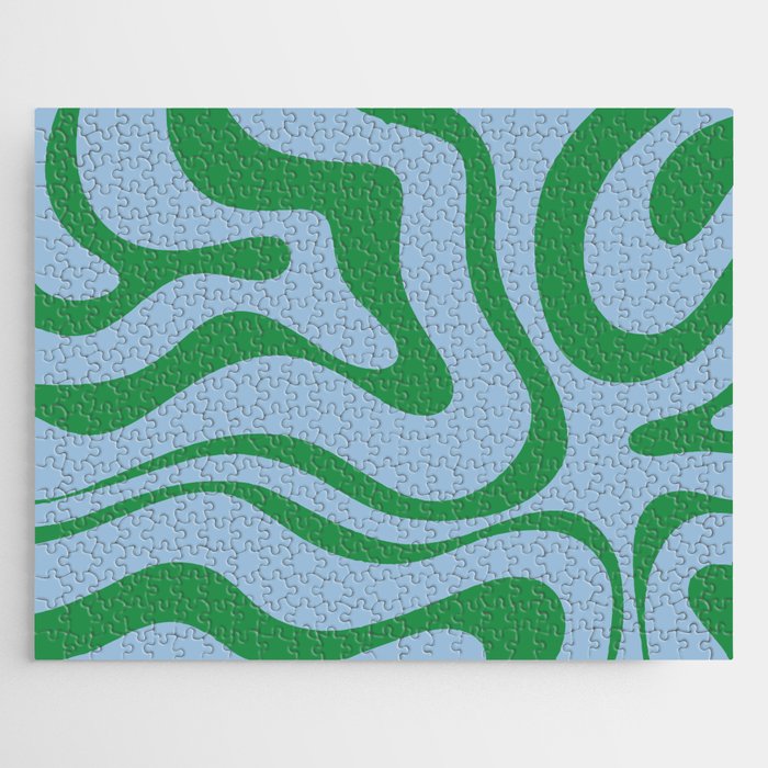 Modern Retro Liquid Swirl Abstract Pattern in Green and Light Blue Jigsaw Puzzle Gallery Image 1