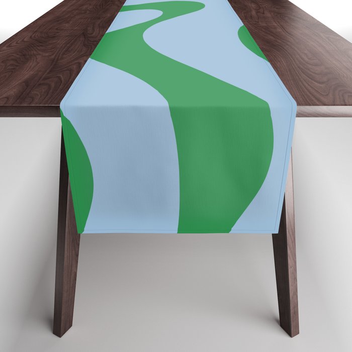 Modern Retro Liquid Swirl Abstract Pattern in Green and Light Blue Table Runner Gallery Image 1