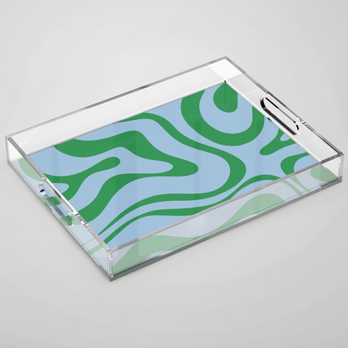 Modern Retro Liquid Swirl Abstract Pattern in Green and Light Blue Acrylic Tray Gallery Image 1