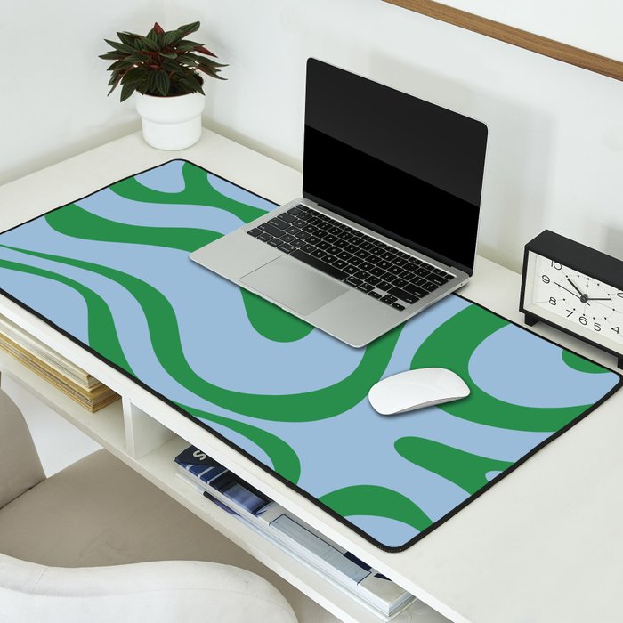 Modern Retro Liquid Swirl Abstract Pattern in Green and Light Blue Desk Mat Gallery Image 2
