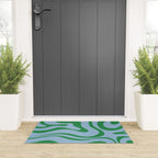 Modern Retro Liquid Swirl Abstract Pattern in Green and Light Blue Welcome Mat Gallery Image 3