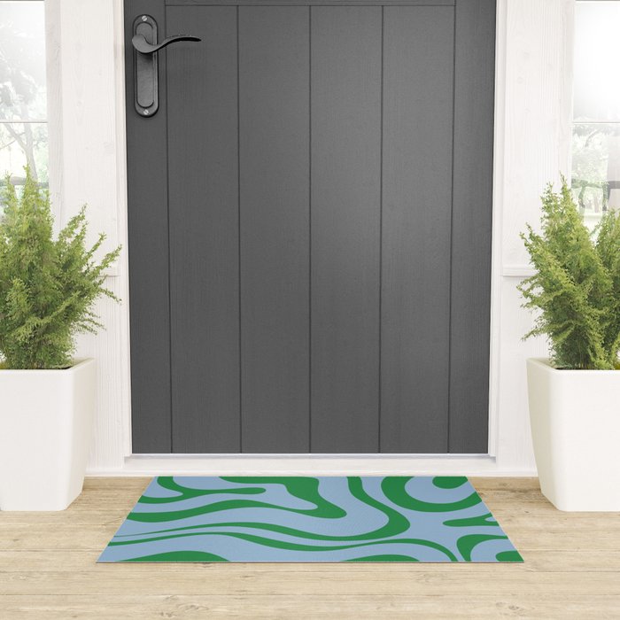 Modern Retro Liquid Swirl Abstract Pattern in Green and Light Blue Welcome Mat Gallery Image 3