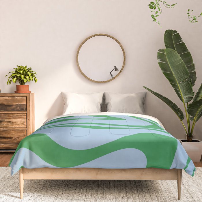 Modern Retro Liquid Swirl Abstract Pattern in Green and Light Blue Comforter Gallery Image 3