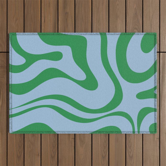 Modern Retro Liquid Swirl Abstract Pattern in Green and Light Blue Outdoor Rug Gallery Image 1