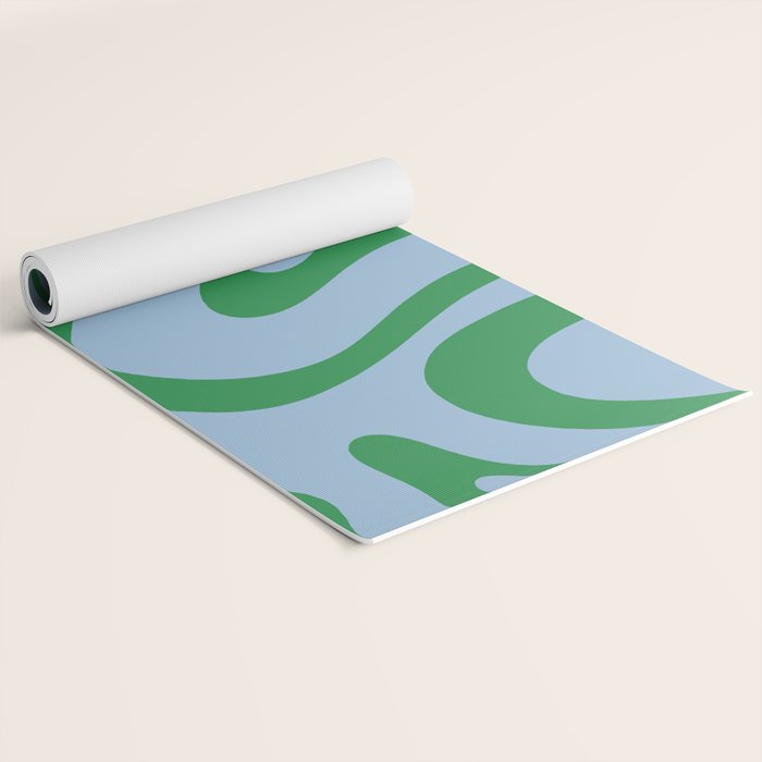 Modern Retro Liquid Swirl Abstract Pattern in Green and Light Blue Yoga Mat Gallery Image 2