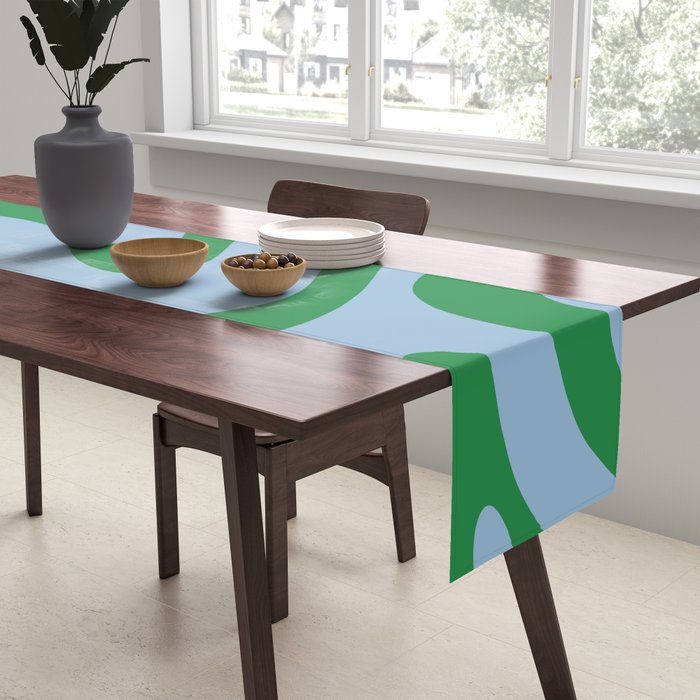 Modern Retro Liquid Swirl Abstract Pattern in Green and Light Blue Table Runner Gallery Image 2