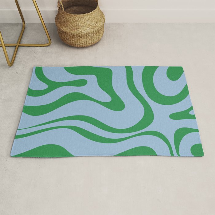 Modern Retro Liquid Swirl Abstract Pattern in Green and Light Blue Rug Gallery Image 1