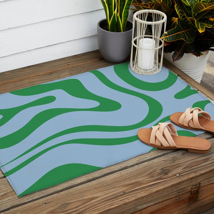 Modern Retro Liquid Swirl Abstract Pattern in Green and Light Blue Outdoor Rug Gallery Image 2