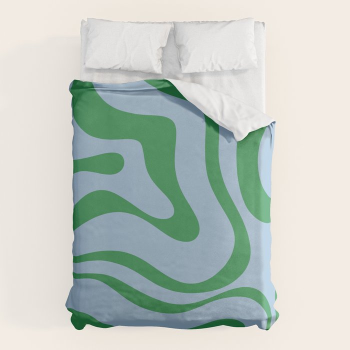 Modern Retro Liquid Swirl Abstract Pattern in Green and Light Blue Duvet Cover Gallery Image 1